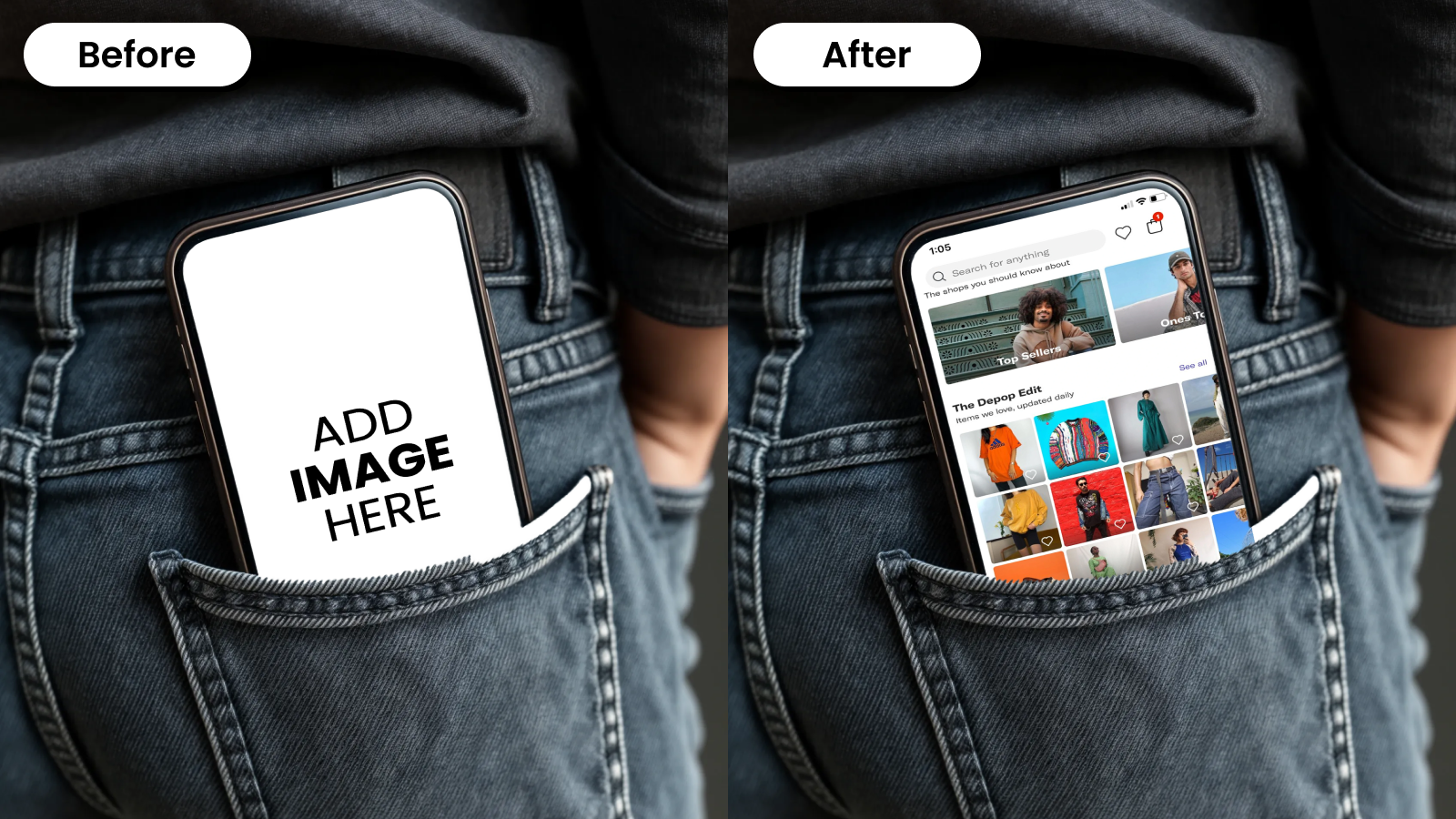 Before and after of an Iphone mockup with the device partially inside the jean's back pocket 